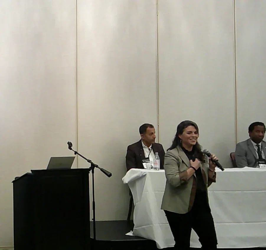 A panel of speakers at a lectern and a high table addressing a conference room