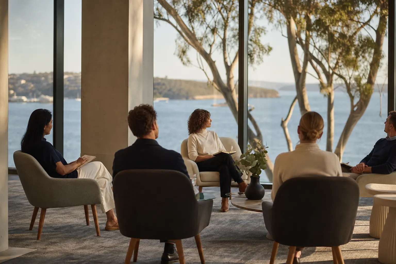 A small leadership group reflecting beside Sydney Harbour