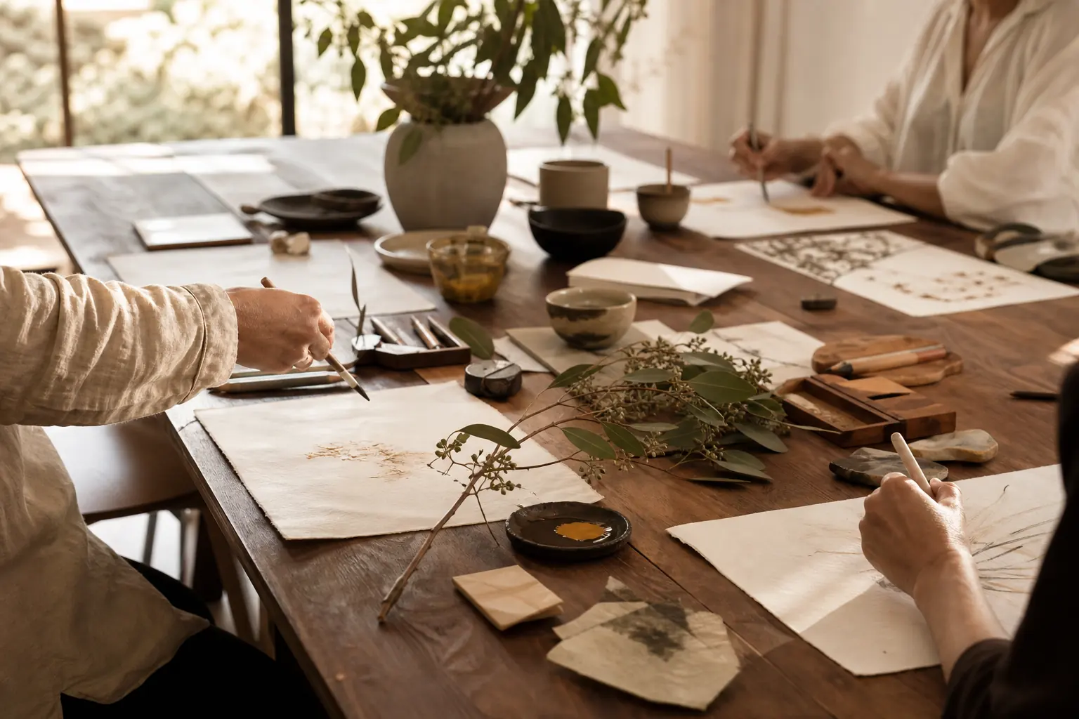 Creative workshop materials arranged on a sunlit timber table