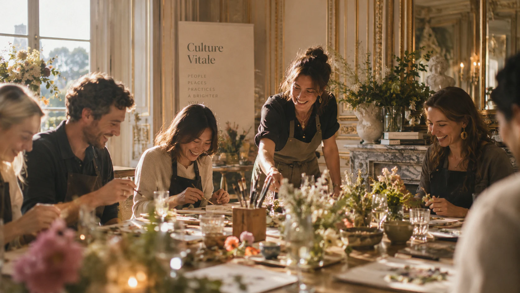 A facilitator guiding friends through a creative workshop around a flower-filled table