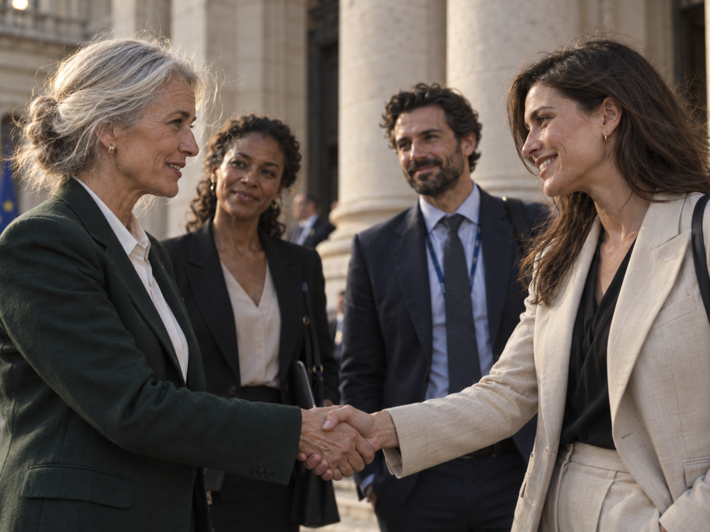 Leaders greeting one another on the steps of an institution