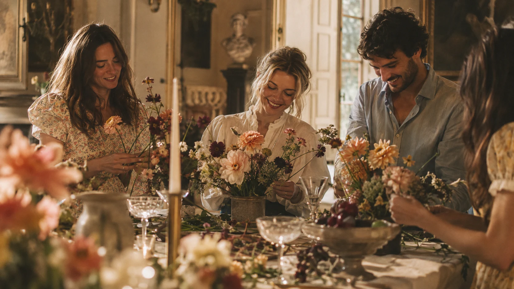 Friends arranging seasonal flowers together around a candlelit table