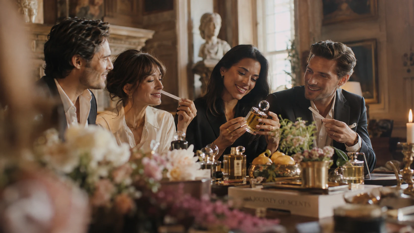 Friends discovering perfumes together around an elegant fragrance table