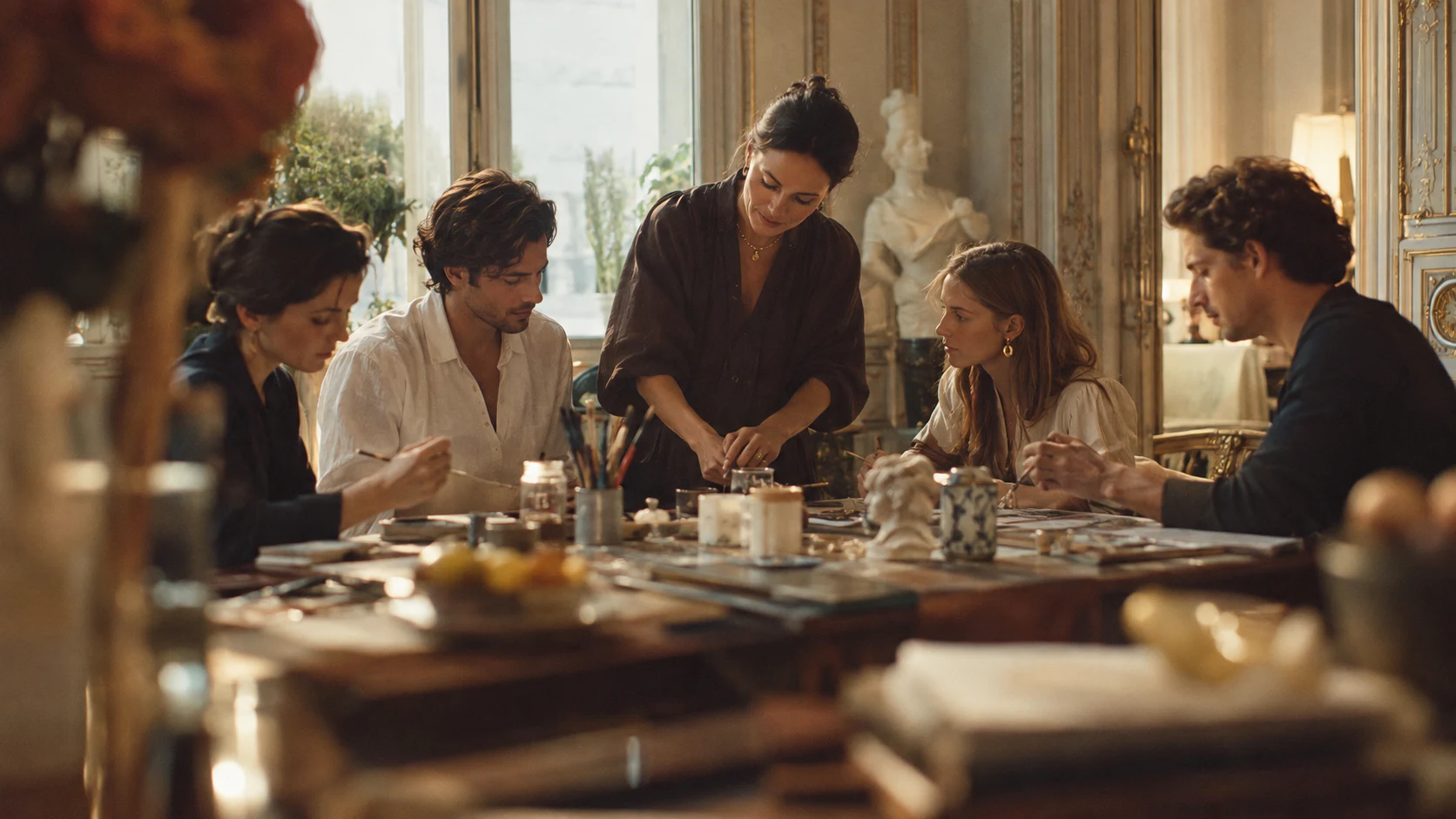 A small group painting together with guidance from an artist in an elegant salon
