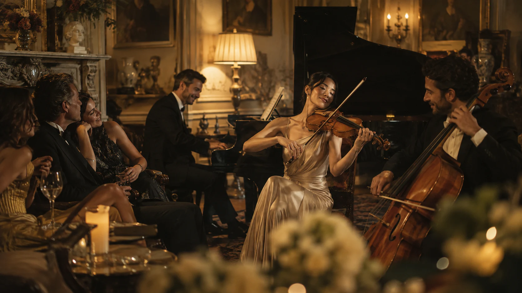 A violinist, cellist and pianist performing for guests in a candlelit salon