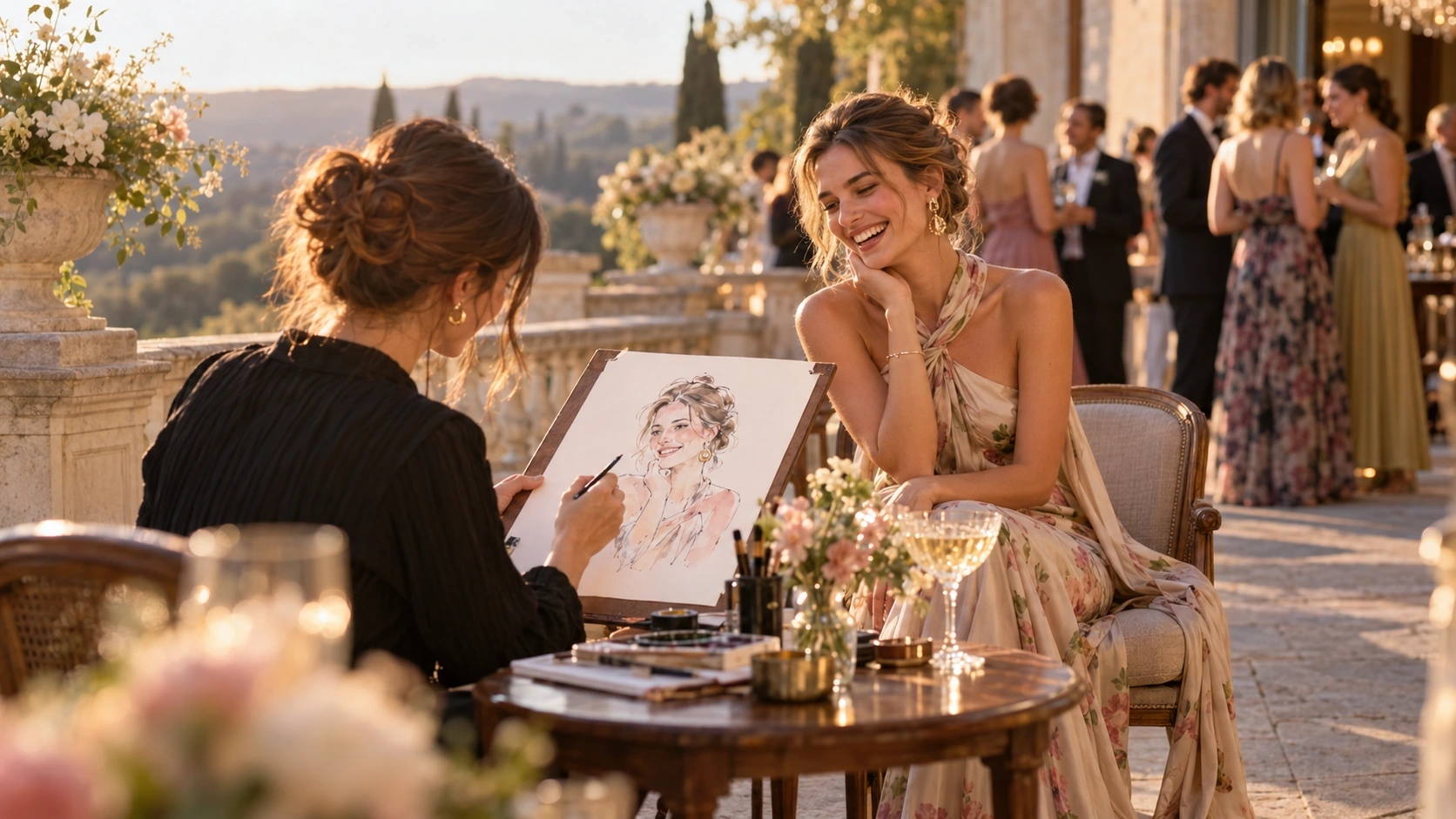 An illustrator sketching a delighted wedding guest during cocktail hour