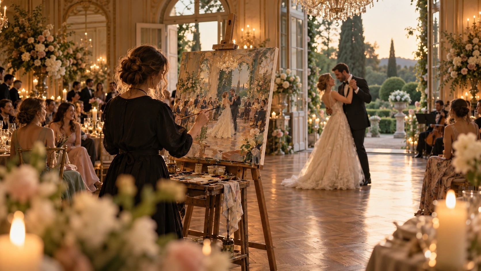 A live painter at an easel capturing a couple renewing their vows in a garden, guests seated in a half circle