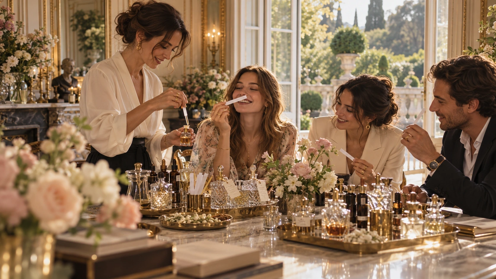 Wedding guests blending scents at an elegant perfume bar